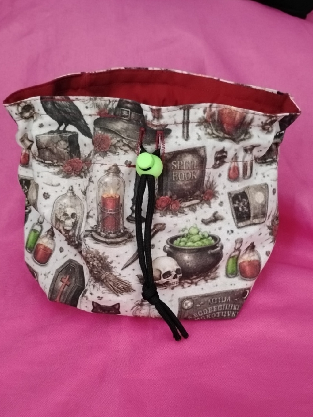 Spellbook Themed Fabric Drawstring Bag in Cream and Pink